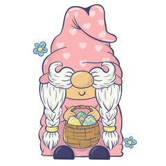 Vector easter illustration with gnome lady with a basket of easter eggs. For cards, invitations, packaging design, posters, prints