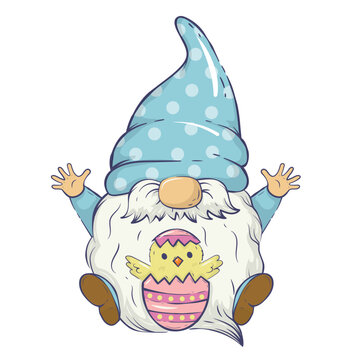 Vector Easter illustration with a spring gnome sitting next to a painted egg with a chick. For cards, invitations, packaging design, posters, prints