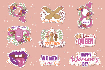 Bundle with stickers with feminist symbols of the women's movement, slang phrases, body positivity slogans and gender equality, sisterhood and solidarity