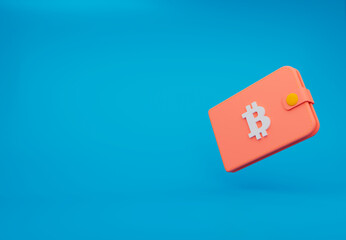 3d peach wallet icon with Bitcoin symbol on turquoise background. Trader concept. Finance online payment. Cartoon style. 3d rendering illustration.