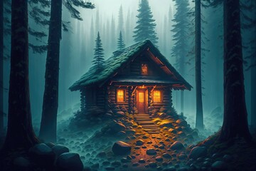a cabin in the woods with a light on at the end of the night in the foggy forest with rocks and trees by Generative AI