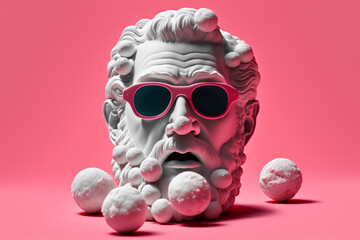Gypsum statue head in sunglasses on a pink background illustration