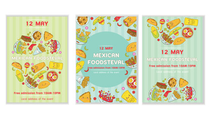 Set of Mexican fast food menu template with kawaii food in cartoon doodle style Poster for food fair and fisteval