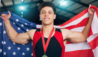 Fototapeta premium Man, medal and usa flag for winner, athlete and portrait for celebration, sports and goals in competition. Gen z person, US and smile for winning, celebrate and happiness for victory in sport contest