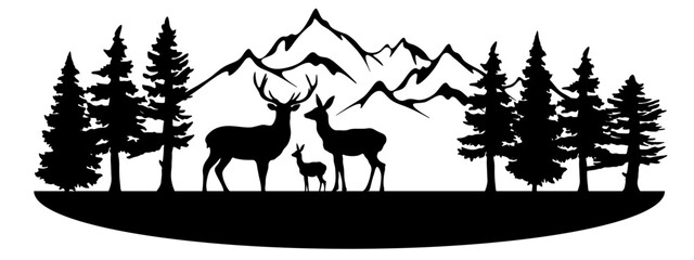 Black silhouette of mountains, fir trees and wild deer, landscape panorama illustration icon vector for forest wildlife adventure camping logo, isolated on white background