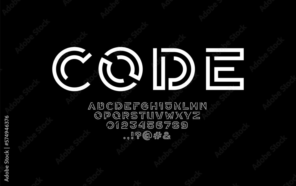 Wall mural digital style alphabet, font from line, letters and numbers made in linear style, vector illustratio