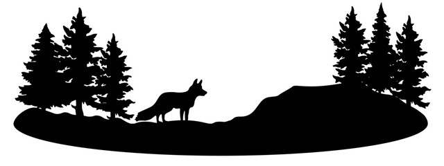 Black silhouette of wild fox and forest fir trees camping wildlife adventure landscape panorama illustration icon vector for logo, isolated on white background