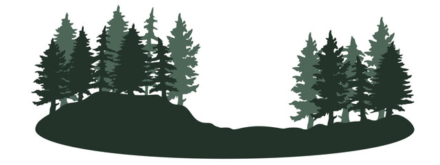 Green silhouette of fir trees landscape panorama illustration icon vector for forest wildlife adventure camping logo, isolated on white background