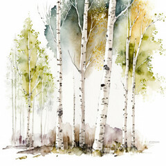Birch Grove on a white background in summer, watercolor illustration. Generative AI.