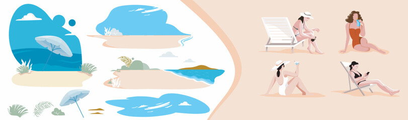 bikini woman character set, beach background material, leaves, clouds and sea umbrella