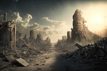 Apocalyptic view of destroyed world, post apocalypse after world war, Generative AI. - obrazy, fototapety, plakaty