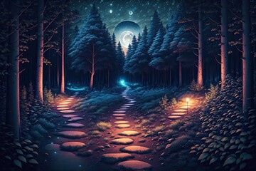 a path in the woods with a full moon in the background at night time with trees and bushes on either side of the path by Generative AI