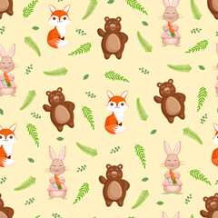 Seamless vector pattern with forest animals - bear, hare and fox with leaves and fir cones. Vector illustration for fabric, texture, wallpaper, poster, postcard. Editable elements. Cartoon design.