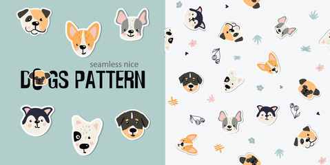 Seamless dogs pattern. Popular breed of dogs. Simply illustration for kids in scandinavian style.