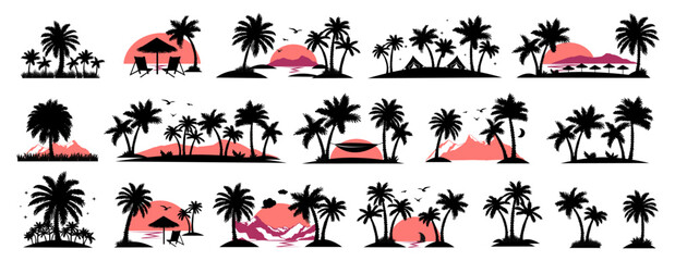 Summer holiday design. Tropic sunset. Palm trees and sunrise vector silhouette. Vector illustration.