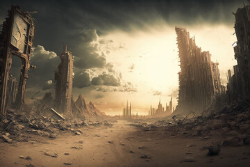 Apocalyptic view of destroyed world, post apocalypse after world war, Generative AI.