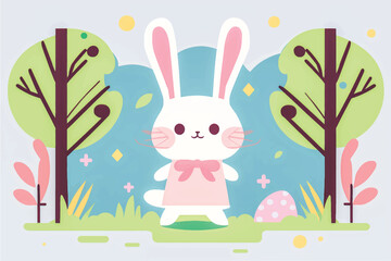 Hop into Fun with this Adorable Vector Rabbit Illustration! Surrounded by Lush Greenery, Trees, and Blooming Flowers, Perfect for Children's Books, Nature-Themed Designs, and Springtime Projects