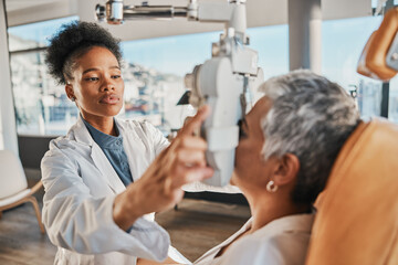 Eye exam, vision and black woman with patient in optometry clinic for eyesight and optical assessment. Healthcare, optometrist consultation and doctor medical equipment, phoropter and lens for eyes