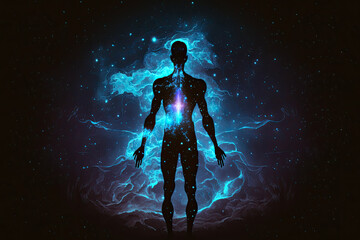 Fototapeta premium Astral body silhouette with abstract space background. Esoteric, spiritual life and meditation concept. Afterlife and connection with other worlds. Generative AI.