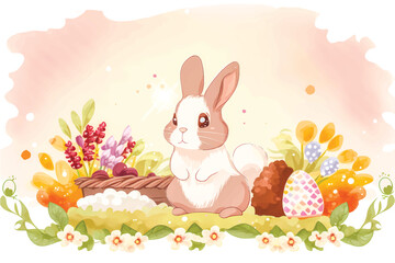 Hop into Fun with this Adorable Vector Rabbit Illustration! Surrounded by Lush Greenery, Trees, and Blooming Flowers, Perfect for Children's Books, Nature-Themed Designs, and Springtime Projects