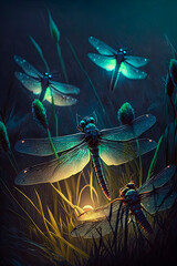 A group of dragonflies, night, fireflies. Generative AI