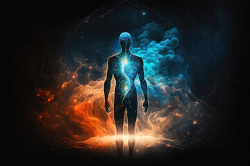 Astral body silhouette with abstract space background. Esoteric, spiritual life and meditation concept. Afterlife and connection with other worlds. Generative AI.