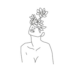 Woman Head with Abstract Flowers Line Art Vector Drawing. Style Template with Female Face with Flowers. Modern Minimalist Simple Linear Style. Beauty Fashion Design 