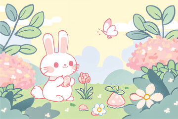 Hop into Fun with this Adorable Vector Rabbit Illustration! Surrounded by Lush Greenery, Trees, and Blooming Flowers, Perfect for Children's Books, Nature-Themed Designs, and Springtime Projects