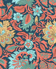 Seamless repeatable pattern with flowers and leaves. Hand drawn digital illustration. 60s vibes. Hippie style. Paisley. Colourful image. 