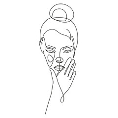 Trendy Line Art Drawing of Woman Head. Abstract Female Face Line Art Vector Illustration for Wall Decor, Spa, T-shirt, Print, Poster. Female Face Creative Drawing in Modern Linear Style