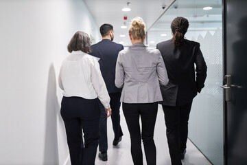 Business team people walk together on the office corridor