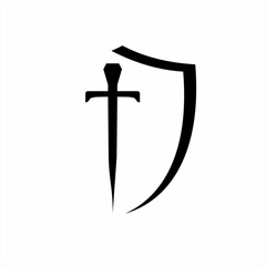 Cross logo design in the shape of a sword in a shield.