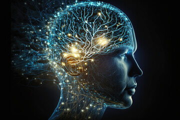 Human head with glowing neurons in brain. Esoteric and meditation concept. Connection with other worlds. Generative AI.