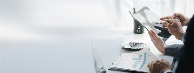 Groups of people joining in discussions, business meetings, startup company sales team meetings, brainstorming and summary of company performance. Business strategy management concept.