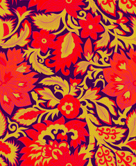 Fototapeta na wymiar Seamless repeatable pattern with flowers and leaves. Hand drawn digital illustration. 60s vibes. Hippie style. Paisley. Colourful image. 