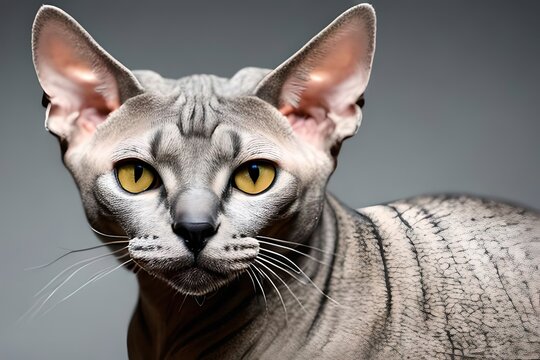 Cute portrait of cat of the Sphynx breed. Gato Esfinge. Close up. Beautiful cat photo ideal for banners, banners and advertising. Generative AI