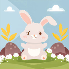Obraz na płótnie Canvas Hop into Fun with this Adorable Vector Rabbit Illustration! Surrounded by Lush Greenery, Trees, and Blooming Flowers, Perfect for Children's Books, Nature-Themed Designs, and Springtime Projects