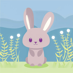 Fototapeta premium Hop into Fun with this Adorable Vector Rabbit Illustration! Surrounded by Lush Greenery, Trees, and Blooming Flowers, Perfect for Children's Books, Nature-Themed Designs, and Springtime Projects