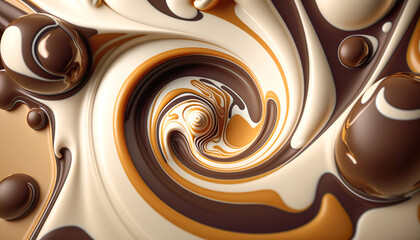 Chocolate splash with milk spin or pouring.hot drink dynamic mixing for demonstration food background.ai generated images