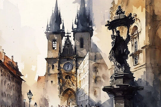Prague - watercolor artwork. Czech, European travel. Generative Ai technology.