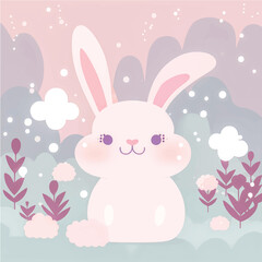 Obraz na płótnie Canvas Hop into Fun with this Adorable Vector Rabbit Illustration! Surrounded by Lush Greenery, Trees, and Blooming Flowers, Perfect for Children's Books, Nature-Themed Designs, and Springtime Projects