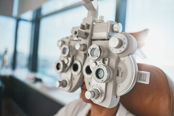 Ophthalmology phoropter, patient consultation or eye exam for vision, healthcare or wellness. Senior woman, ophthalmologist care and health for eyes in office, hospital or store for vision assessment