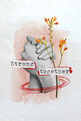 Creative picture drawing banner collage of two hands helping support unity strength togetherness concept