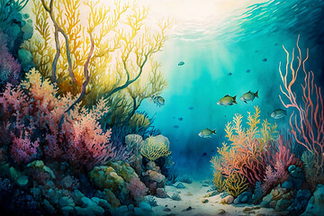 Fototapeta na wymiar Sea background with tropical fish and coral reefs new quality universal colorful technology stock image illustration design, generative ai