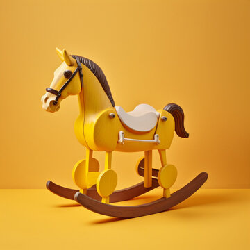 Wooden rocking horse toy on a yellow background. Generative AI.