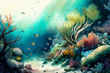 Fototapeta na wymiar Sea background with tropical fish and coral reefs new quality universal colorful technology stock image illustration design, generative ai