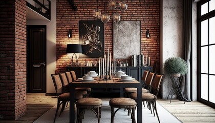 modern, contemporary, beautiful dining room with natural brick walls for a contemporary atmosphere