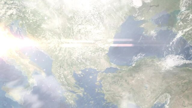 Earth zoom in from outer space to city. Zooming on Nova Zagora, Bulgaria. The animation continues by zoom out through clouds and atmosphere into space. Images from NASA