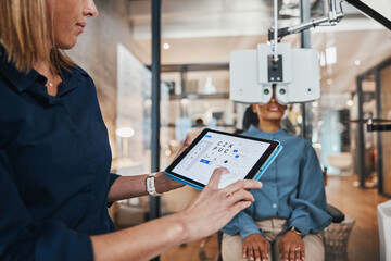 Eye exam tablet, doctor software and consulting optometrist with woman patient at clinic. Eyes...