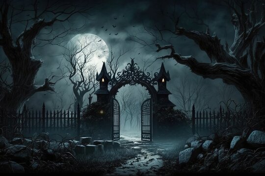 scary cemetery gate background in foggy dark night forest, generative ai